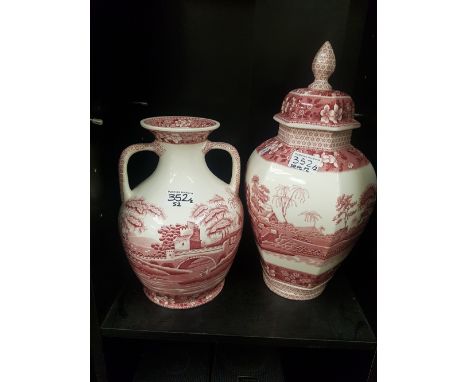 Spode pink tower twin handled vase together with pink tower temple jar (height of tallest 40cm) 