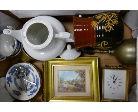 A mixed collection of items to include two gilt framed prints, Cauldon Blue Dragon Pattern Bouillon Cups and Saucers, Slipwar