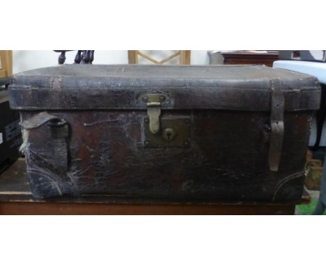 Distressed Leather Travelling Trunk with Blank Brass Nameplate. Inside has John Waring written in pen 