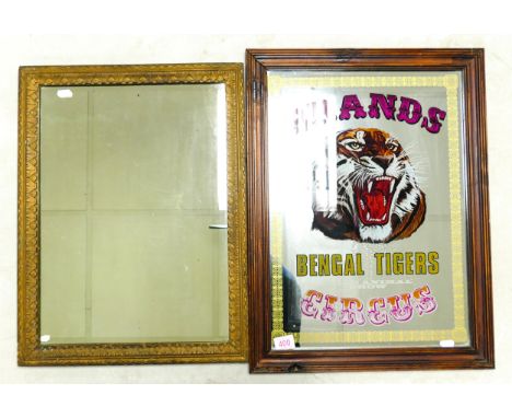Bengal tigers circus adverting mirror together with a similar wll mirror. Size of largest 63cm x 47.5cm including frame 