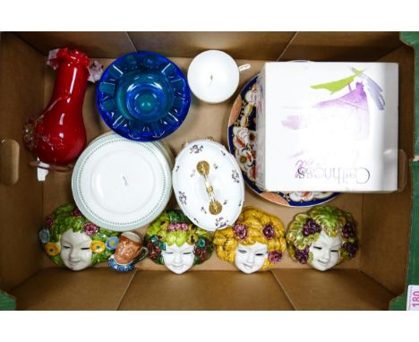 A mixed collection of ceramics and glass items to include a 19th century Masons Imari plate, Four Enamel Faience Four Seasons