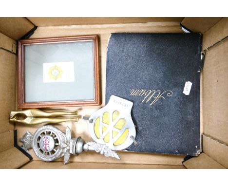 A mixed collection of items to include Edwardian Autograph album, Royal Automobile Association car mascot, RAC yellow car bad