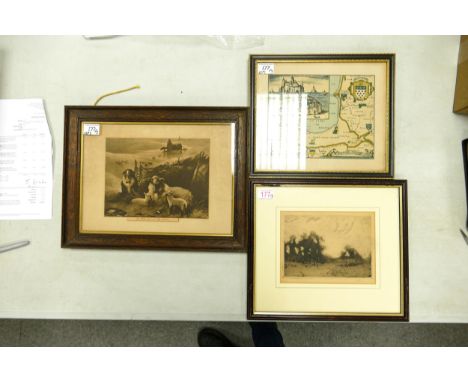 Three Framed Artworks; to include a 19th century Daniel Dervaux Map dated 1580, Victorian print of The Church and the Fold by