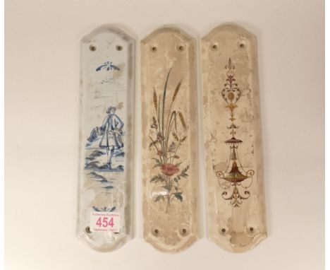 Three Wade Ceramic Finger Plates to include one with Delft style decoration, one after Rococo Arabesques and one floral examp