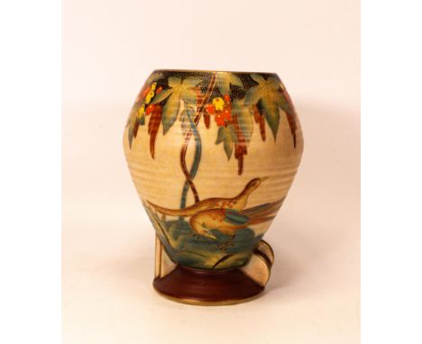 Crown Devon Fieldings Art Deco vase decorated in bright enamel colours and gilt with pheasants against a mottled cream/yellow