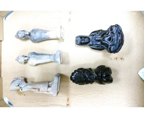A collection of Ethnographic figures to include stone Buddha figure possibly black jade, together with three Egyptian figures