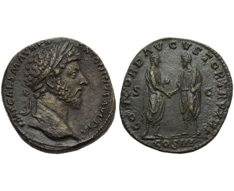 Marcus Aurelius (161-180), Sestertius, Rome, AD 161-162; AE (g 24,10; mm 32; h 12); IMP CAES M AVREL - ANTONINVS AVG [P M], l