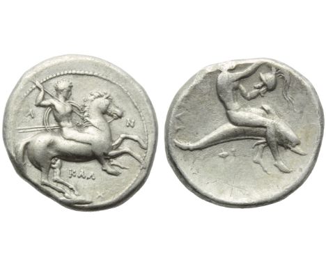 Lucania, Tarentum, Nomos, c. 380-340 BC; AR (g 7,64; mm 23; h 6); Horseman galloping r., holding shield and spears; on l., A;