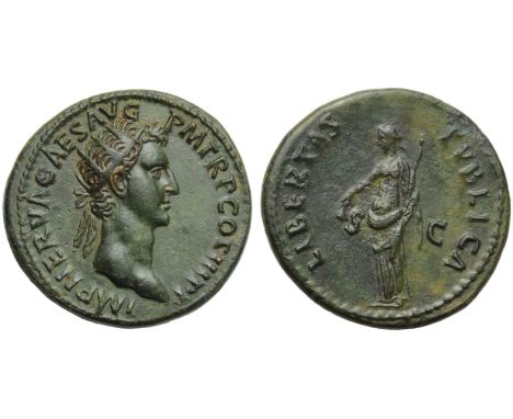 Nerva (96-98), Dupondius, Rome, AD 97 ; AE (g 13,38; mm 29; h 6); IMP NERVA CAES AVG - PM TR P COS III P P, radiate head r., 