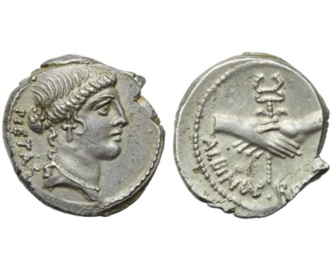 Albinus Bruti f., Denarius, Rome, 48 BC; AR (g 4,10; mm 19; h 6); Head of Pietas r.; behind, PIETAS, Rv. Two hands clasped ro