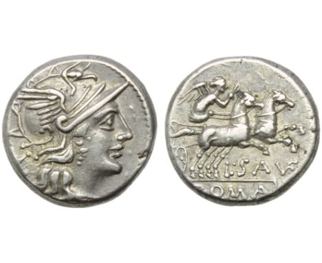 L. Saufeius, Denarius, Rome, 152 BC; AR (g 4,04; mm 16; h 8); Helmeted head of Roma r.; behind, X, Rv. Victory in biga r., ho