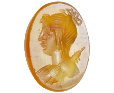 Intaglio depicting Diana, first half of 1st century BC; Corniola (mm 11 x 8); Draped bust of Diana l., with quiver over shoul