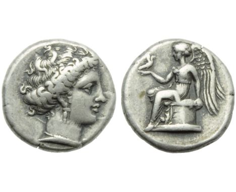 Bruttium, Terina, Stater, c. 400-356 a.C.; AR (g 7,64; mm 19; h 6); [?????????], female head r., wearing triple pendent earri