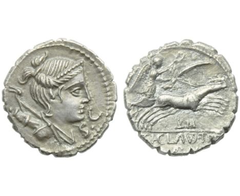 Ti. Claudius Ti.f. Ap.n., Denarius serratus, Rome, 79 BC; AR (g 3,68; mm 19; h 5); Draped bust of Diana r., with bow and quiv