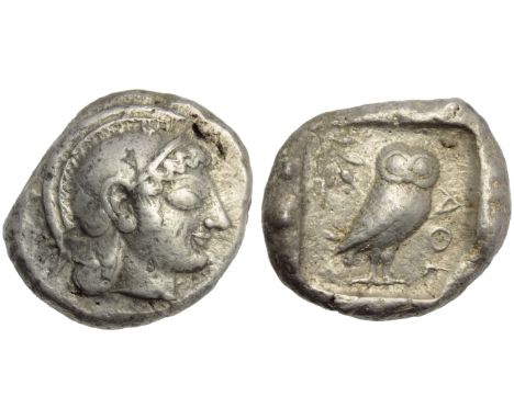 Attica, Athens, Tetradrachm, c. 566-490 BC.; AR (g 17,27; mm 25; h 3); Head of Athena r., wearing Attic crested helmet decora