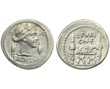 L. Furius Cn.f. Brocchus, Denarius, Rome, 63 BC; AR (g 4,01; mm 20; h 6); Head of Ceres r.; behind, corn ear and III; before,