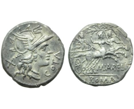 M. Aurelius Cotta, Denarius, Rome, 139 BC; AR (g 3,95; mm 18; h 5); Helmeted head of Roma r.; behind, X; before, COTA, Rv. He