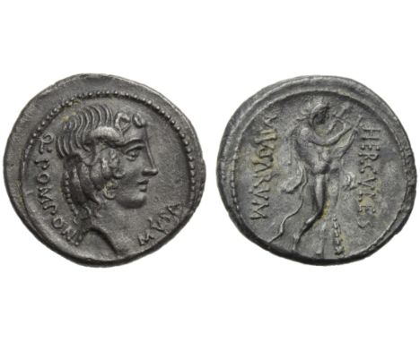 Q. Pomponius Musa, Denarius, Rome, 66 BC; AR (g 3,41; mm 19; h 5); Head of Apollo r., hair tied with band; behind, Q POMPONI;