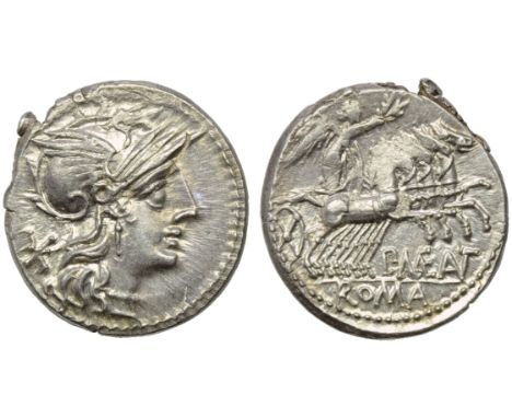 P. Maenius M.f. Antiaticus, Denarius, Rome, 132 BC; AR (g 3,94; mm 19; h 1); Helmeted head of Roma r.; behind, *, Rv. Victory
