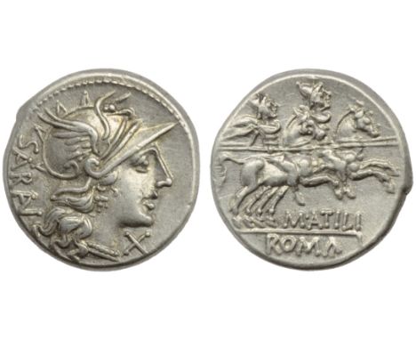 M. Atilius Saranus, Denarius, Rome, 148 BC; AR (g 4,09; mm 18; h 11); Helmeted head of Roma r.; behind, SARAN; before, X, Rv.