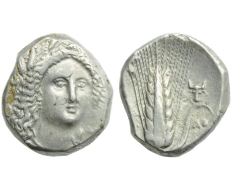 Lucania, Metapontion, Stater, c. 330-290 BC; AR (g 7,90; mm 19; h 6); Head of Demeter facing, slighty r., wearing wreath of g