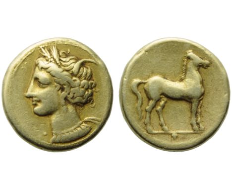 The Carthaginians in the Mediterranean, Carthage, Stater, c. 310-290 BC; EL (g 7,36; mm 18; h 12); Head of Tanit l., wearing 