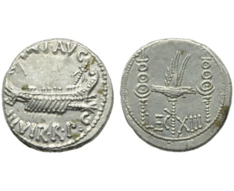 M. Antonius, Denarius, Mint moving with Antonius, 32-31 BC; AR (g 3,66; mm 16; h 7); Ship r., with sceptre tied fillet on pro