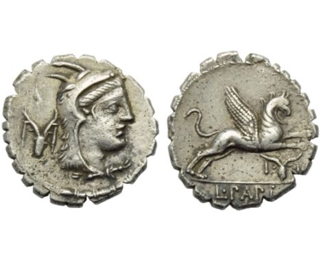 L. Papius, Denarius serratus, Rome, 79 BC; AR (g 3,84; mm 18; h 2); Head of Juno Sospita r.; behind, control symbol, Rv. Gryp