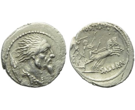 L. Hostilius Saserna, Denarius, Rome, 48 BC; AR (g 3,56; mm 21; h 6); Bearded and draped male bust r.; behind, Gallic shield,