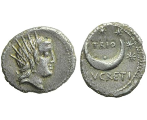 L. Lucretius Trio, Denarius, Rome, 76 BC; AR (g 3,60; mm 19; h 3); Radiate head of Sol r., Rv. Crescent surrounded by seven s