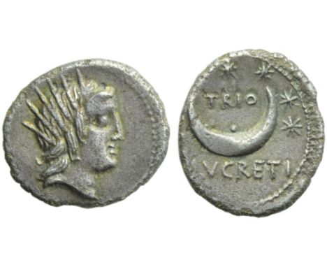 L. Lucretius Trio, Denarius, Rome, 76 BC; AR (g 3,60; mm 19; h 3); Radiate head of Sol r., Rv. Crescent surrounded by seven s