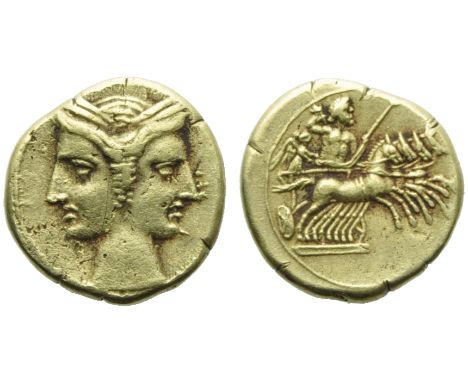 The Carthaginians in the Mediterranean, Capua, 3/8 Shekel, c. 216-211 BC; EL (g 2,99; mm 14; h 12); Janifom head of Tanit, we