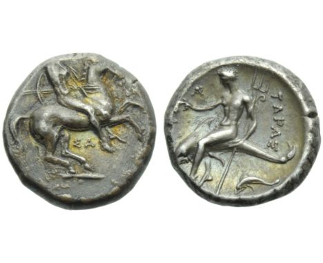 Apulia, Tarentum, Nomos, c. 332-302 BC; AR (g 7,81; mm 20; h 7); Horseman galloping r., holding shield and spears; below, ?A,