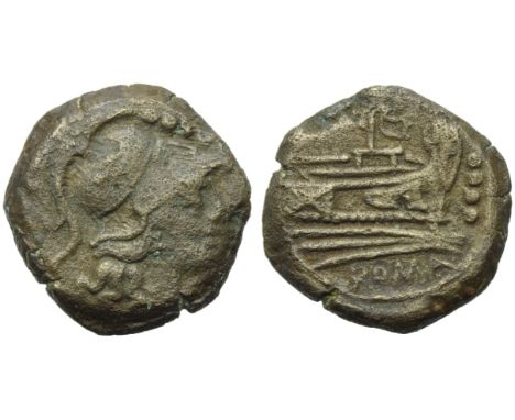 Anonymous (Mast and sail series), Triens, Rome, 155-149 BC; AE (g 7,56; mm 21; h 9); Helmeted head of Minerva r.; above, °°°°