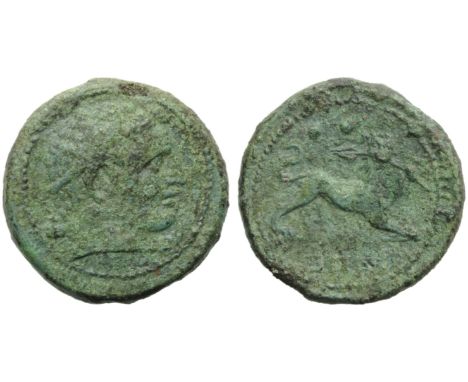 Campania, Capua, Biunx, c. 216-211 BC.; AE (g 11,69; mm 25; h 6); Diademed head of Herakles r., club over shoulder, Rv. Lion 