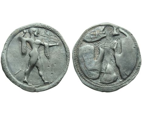 Lucania, Poseidonia, Stater, c. 530-500 BC.; AR (g 7,45; mm 30; h 12); [???], Poseidon advancing r., holding trident and wear