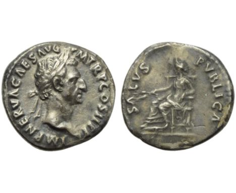 Nerva (96-98), Denarius, Rome, AD 96; AR (g 2,90; mm 18; h 7); IMP NERVA CAES AVG - P M TR P COS II P P, laureate head r., Rv