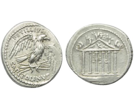 Petilius Capitolinus, Denarius, Rome, 43 BC; AR (g 3,93; mm 19; h 3); Eagle on thunderbolt r., with open wings; above, PETILL