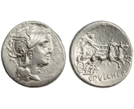 C. Claudius Pulcher, Denarius, Rome, 110 or 109 BC; AR (g 3,86; mm 19; h 7); Helmeted head of Roma r., Rv. Victory in biga r.