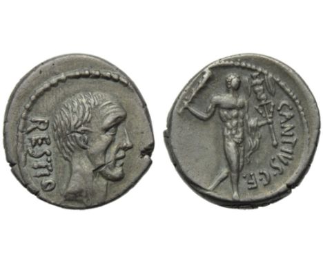 C. Antius C.f. Restio, Denarius, Rome, 47 BC; AR (g 3,61; mm 18; h 11); Head of C. Antius Restio (Tr.Pl. 68) r.; behind, REST