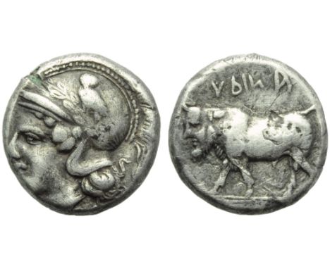 Campania, Hyria, Plated Didrachm, c. 405-385 BC; AR (g 6,17; mm 18; h 2); Head of Athena l., wearing Attic crested helmet dec