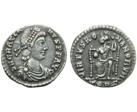 Gratian (367-383), Siliqua, Treveri, AD 378-383 ; AE (g 1,90; mm 17; h 6); D N GRATIA - NVS P F AVG, diademed, draped and cui