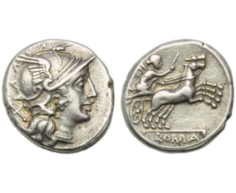Anonymous, Denarius, Rome, 157-156 BC; AR (g 3,74; mm 17; h 6); Helmeted head of Roma r.; behind, X, Rv. Victory in biga r., 