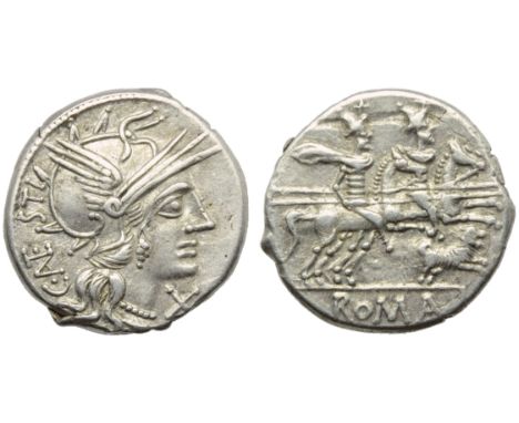 C. Antestius, Denarius, Rome, 146 BC; AR (g 3,73; mm 19; h 8); Helmeted head of Roma r.; before, X; behind, C ANTESTI, Rv. Th