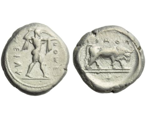 Lucania, Poseidonia, Stater, c. 470-445 BC; AR (g 7,77; mm 19; h 3); ???EI - ????V, Poseidon advancing r., holding trident an