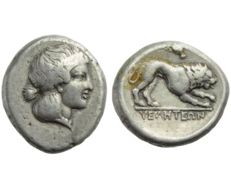 Lucania, Velia, Didrachm, c. 400-340 BC; AR (g 7,65; mm 20; h 3); Head of nimph r., hair bound in krobylos, wearing necklace,