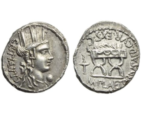 M. Plaetorius M.f. Cestianus, Denarius, Rome, 67 BC; AR (g 3,88; mm 18; h 4); Head of Cybele r.; behind, forepart of lion and