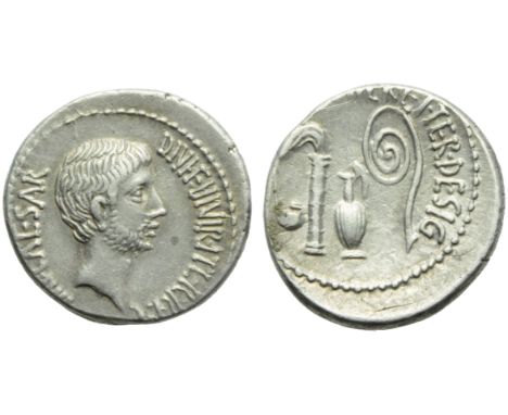 C. Caesar Octavianus, Denarius, Mint moving with Octavian, 37 BC; AR (g 3,96; mm 20; h 8); Head of Octavianus r.; around, IMP