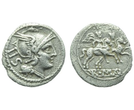 Anonymous, Sestertius, Rome, post 215-214 BC; AR (g 1,00; mm 12; h 12); Helmeted head of Roma r.; behind, IIS, Rv. The Dioscu