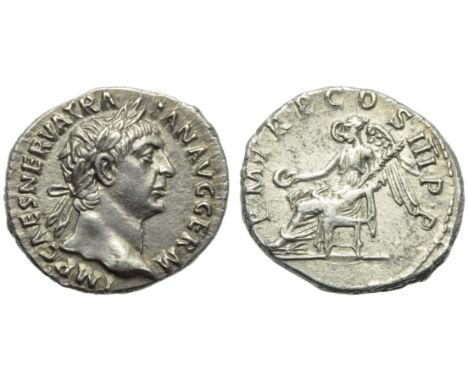 Trajan (98-117), Denarius, Rome, AD 100; AR (g 3,20; mm 18; h 6); IMP CAES NERVA TRA - IAN AVG GERM, laureate head r., Rv. P 